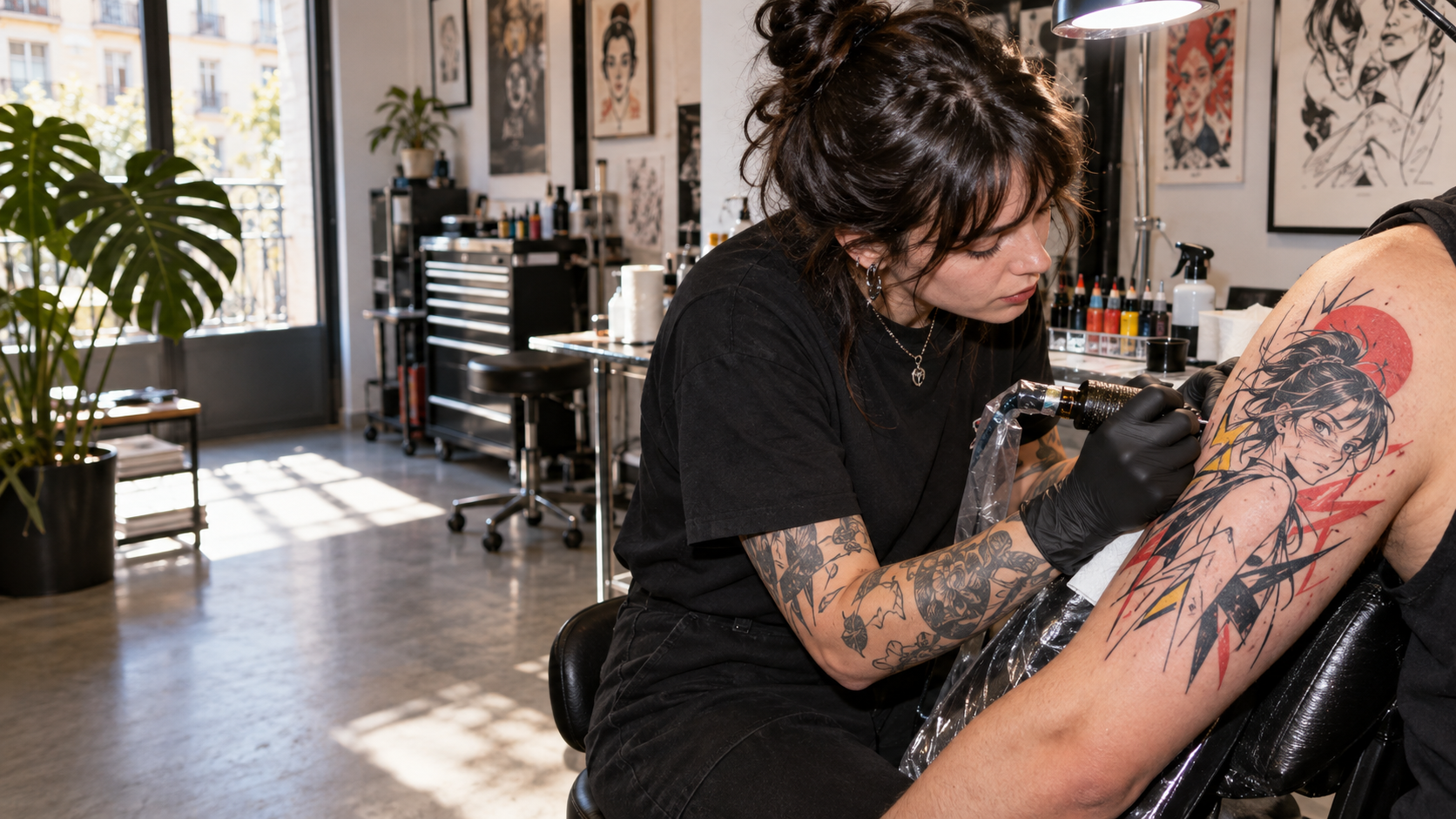 Tatuadora realizando un tatuaje de anime original en PANEL 13